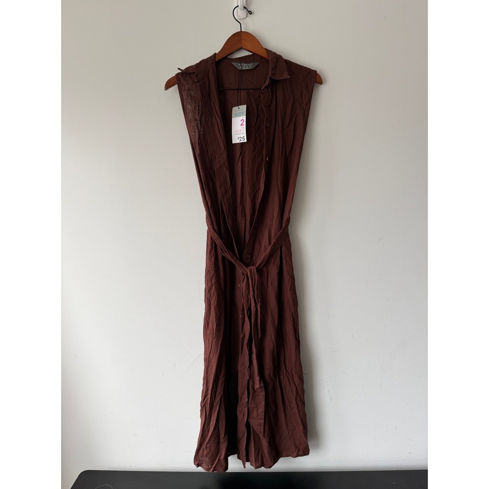 Primark Womens Brown Linen Blend Sleeveless Tie Waist Midi Shirt Dress 2 NEW